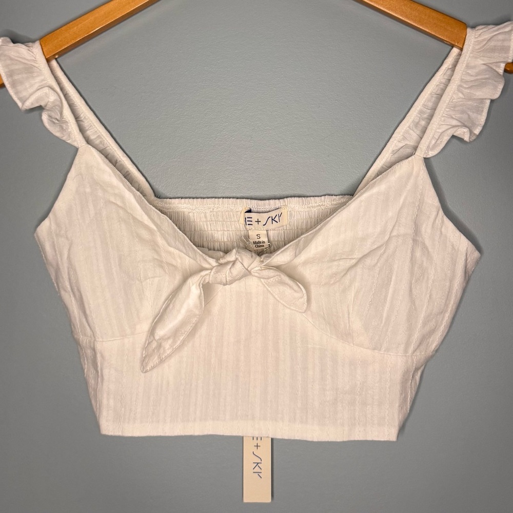 She + Sky White Tie Front Crop Top Ruffle Strap Smocked Back NWT Size S